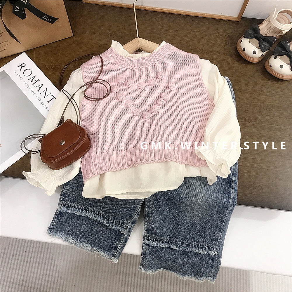 3-Piece Sweetheart Knit Vest Set – Pink Layered Blouse & Denim Outfit