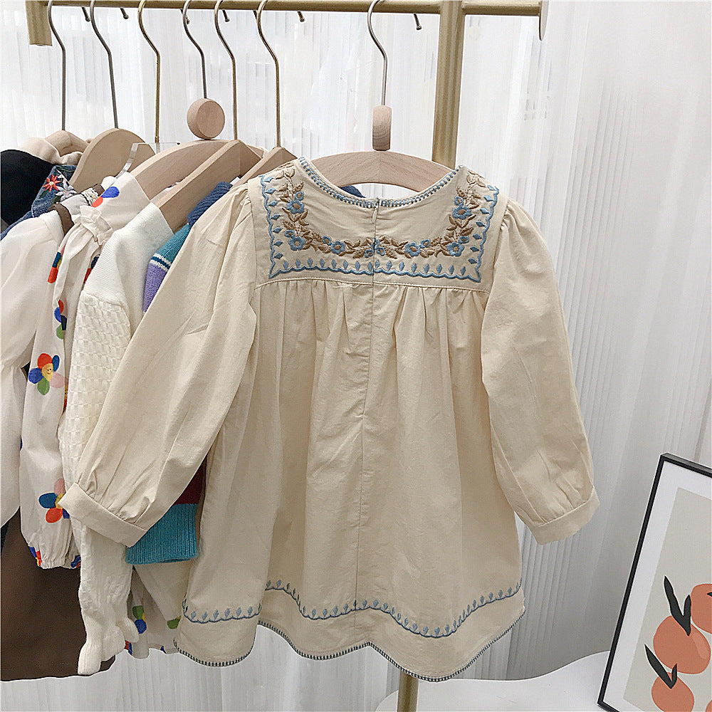 Blue Blossom Embroidered Dress – Cream Long-Sleeve Cotton Dress