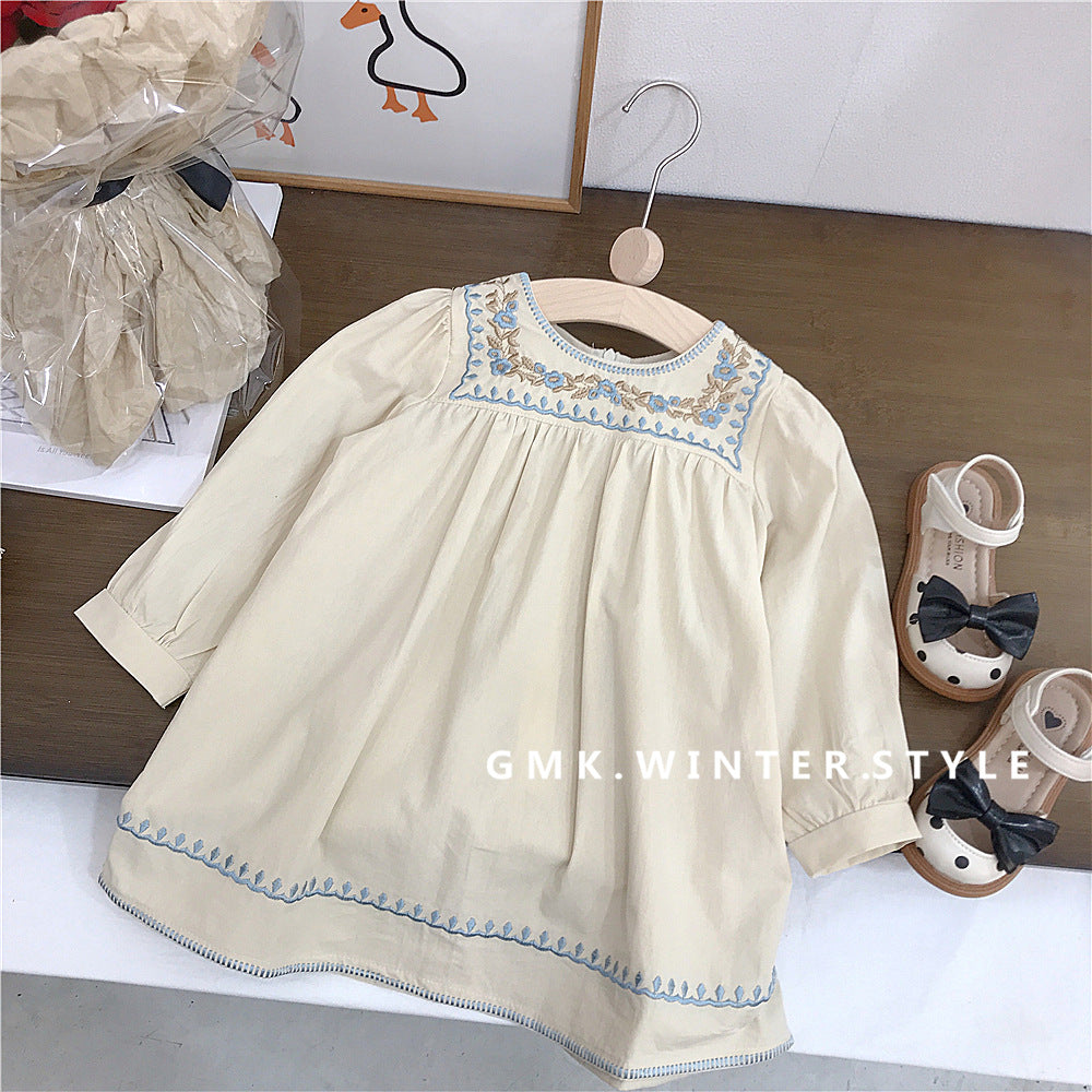 Blue Blossom Embroidered Dress – Cream Long-Sleeve Cotton Dress