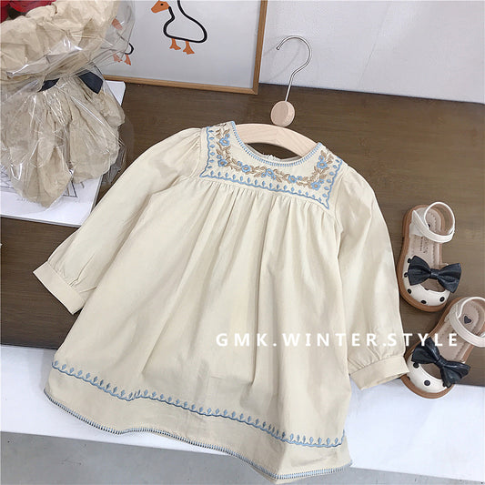 Blue Blossom Embroidered Dress – Cream Long-Sleeve Cotton Dress