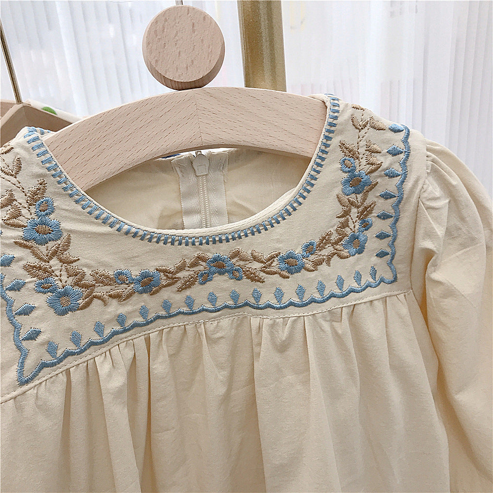 Blue Blossom Embroidered Dress – Cream Long-Sleeve Cotton Dress