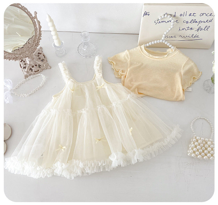 Tulle Dress Layered Set – Dress + Soft Tee (2-Piece Outfit)