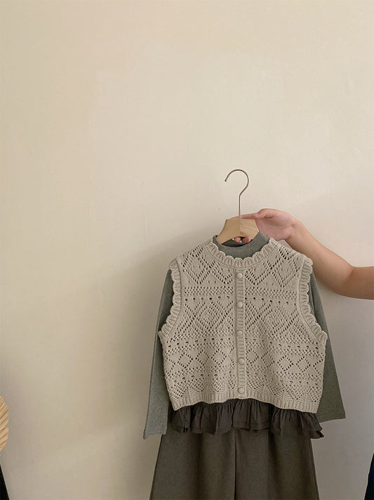 Layered Knit Vest & Ruffle Hem Top Set