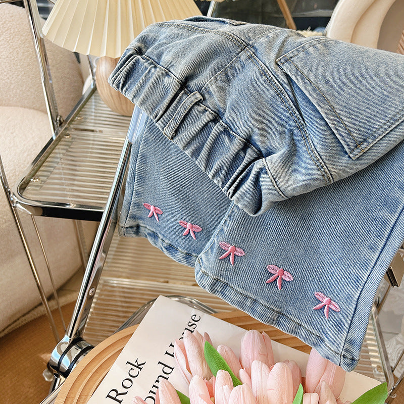 Pink Bow Embroidered Denim Pants
