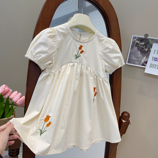 Tulip Embroidered Ivory Puff Sleeve Dress