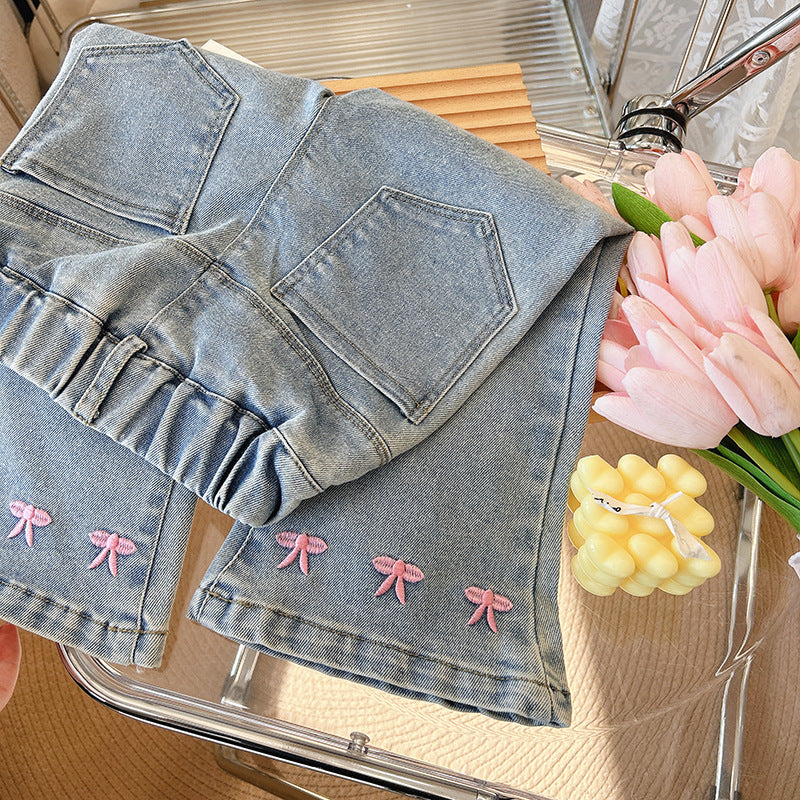 Pink Bow Embroidered Denim Pants