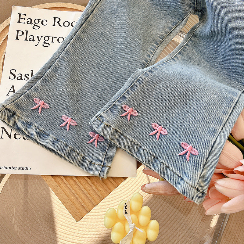 Pink Bow Embroidered Denim Pants