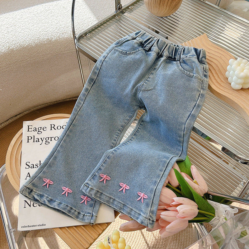 Pink Bow Embroidered Denim Pants