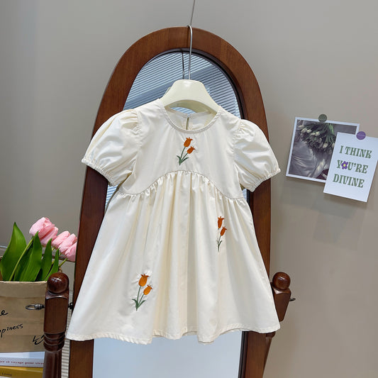Tulip Embroidered Ivory Puff Sleeve Dress