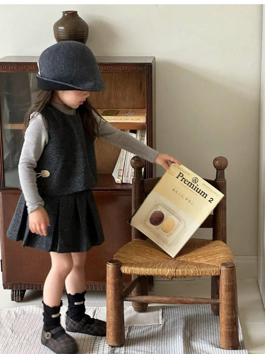 Classic Shirt & Knit Vest & Pleated Skirt Set