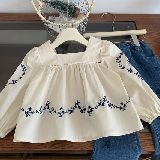 Navy Daisy Embroidered Long Sleeve Blouse