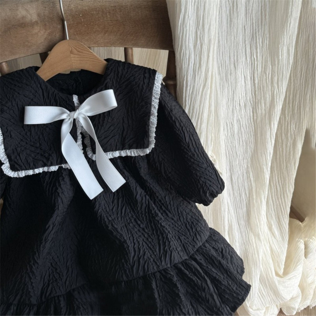 Classic Bow Sailor Dress – Toddler Girls’ Black Long Sleeve Ruffle Outfit