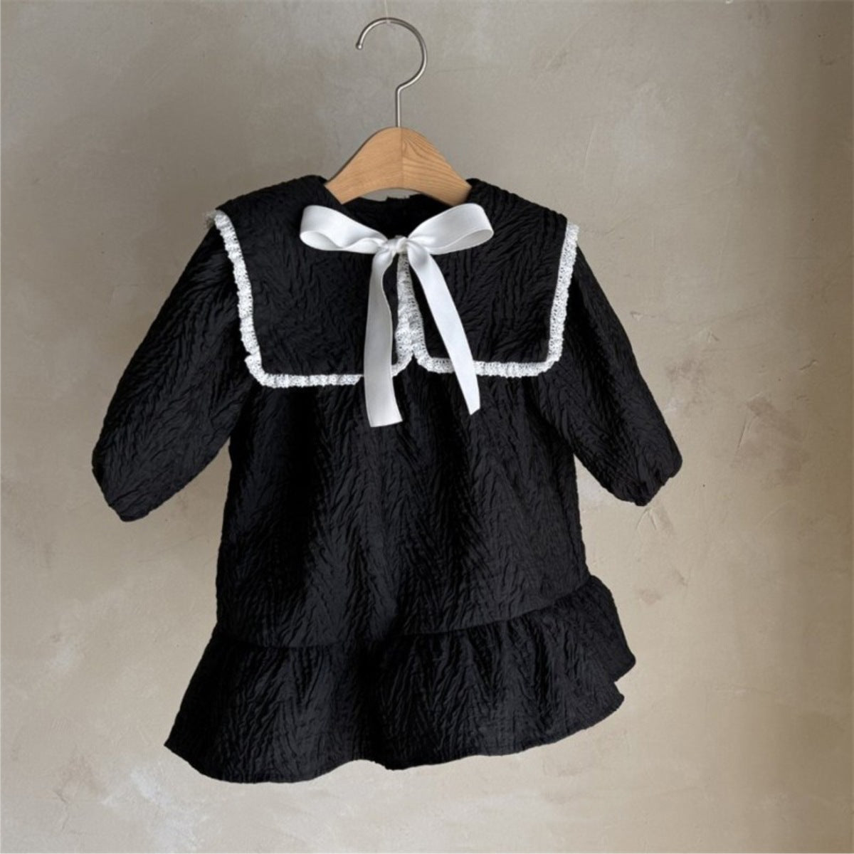 Classic Bow Sailor Dress – Toddler Girls’ Black Long Sleeve Ruffle Outfit