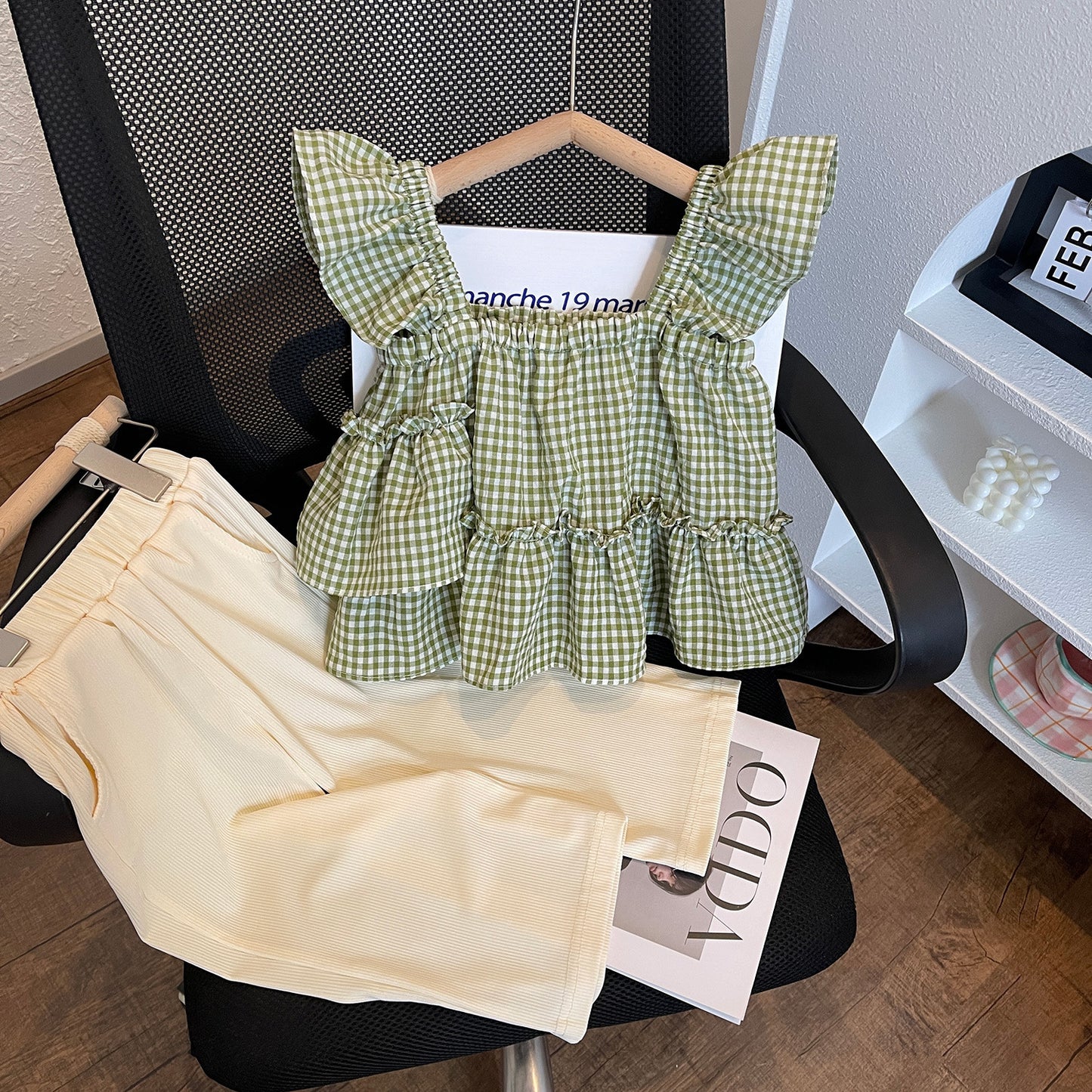 Green Gingham Ruffle Top & Cream Pants Set