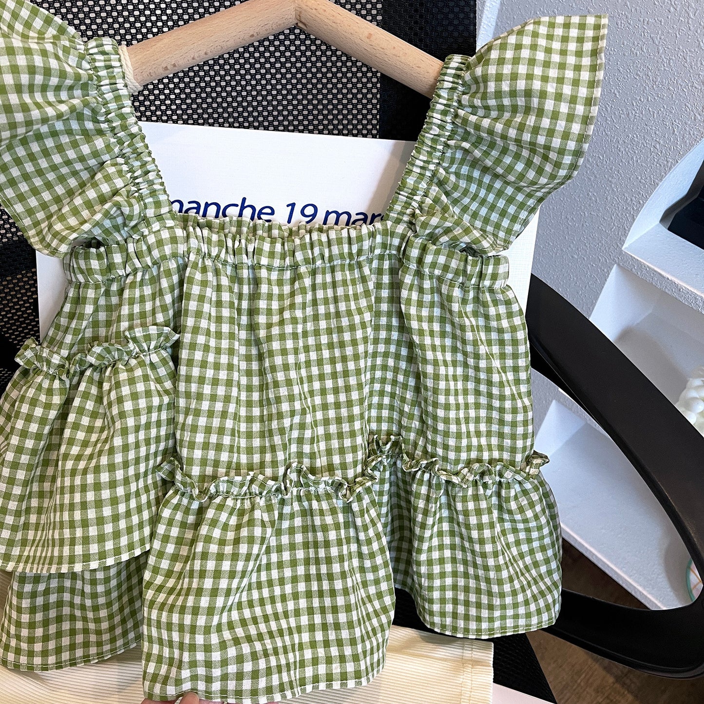 Green Gingham Ruffle Top & Cream Pants Set