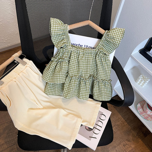 Green Gingham Ruffle Top & Cream Pants Set