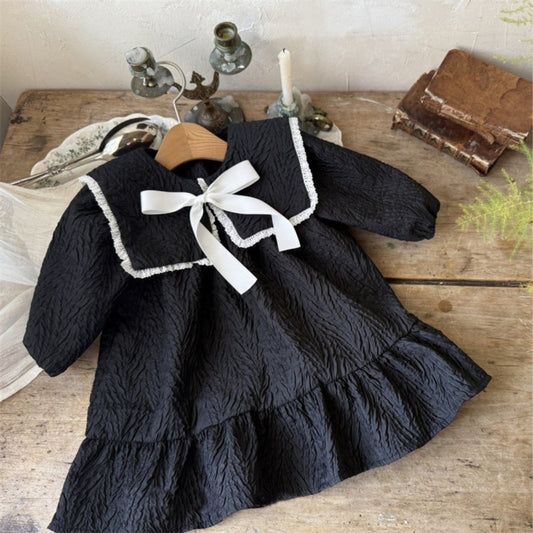 Classic Bow Sailor Dress – Toddler Girls’ Black Long Sleeve Ruffle Outfit