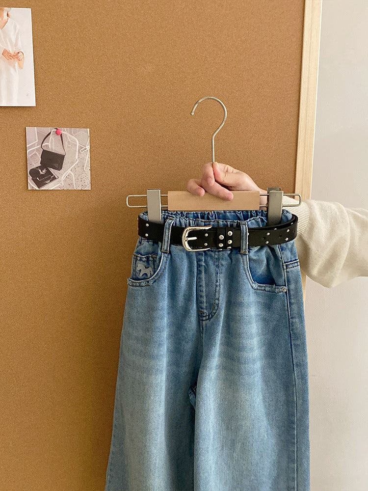 Girls Wide Leg Denim Pants with Belt