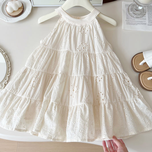 White Eyelet Tiered Halter Dress