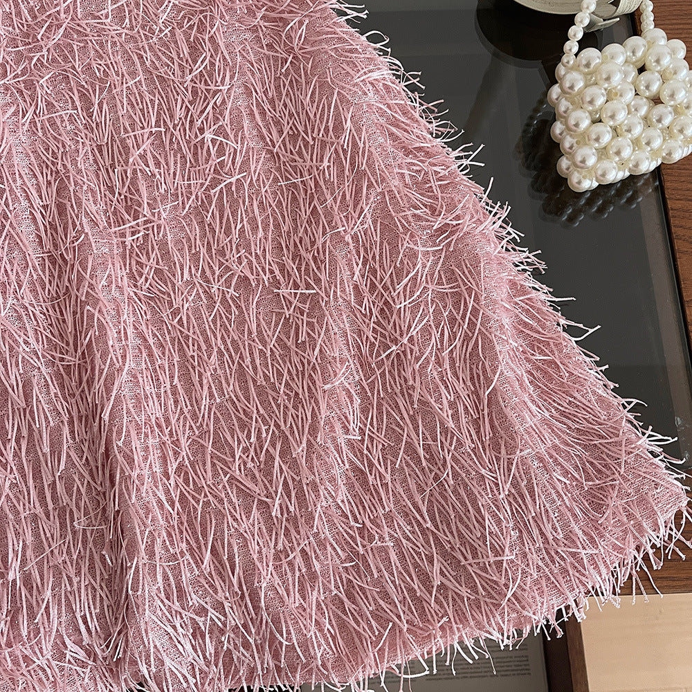 Pink Textured Fringe Halter Dress