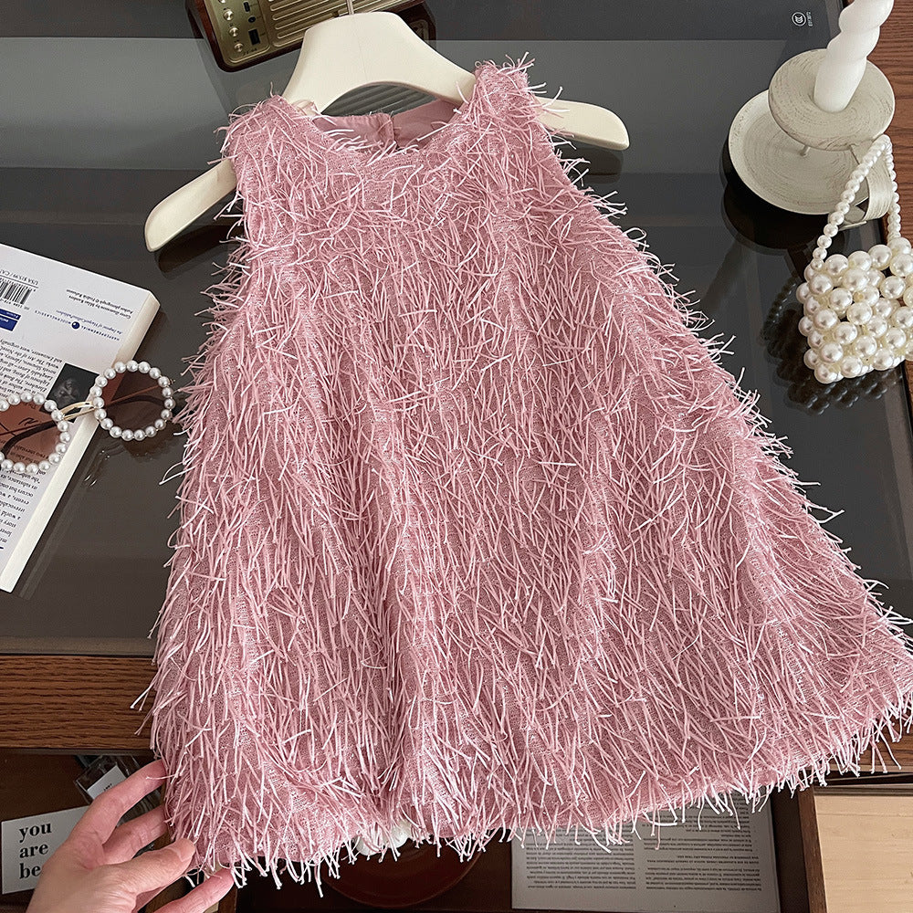 Pink Textured Fringe Halter Dress