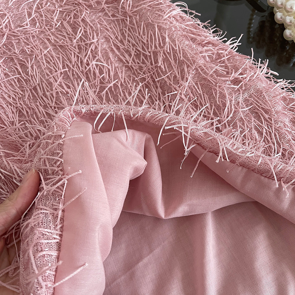 Pink Textured Fringe Halter Dress