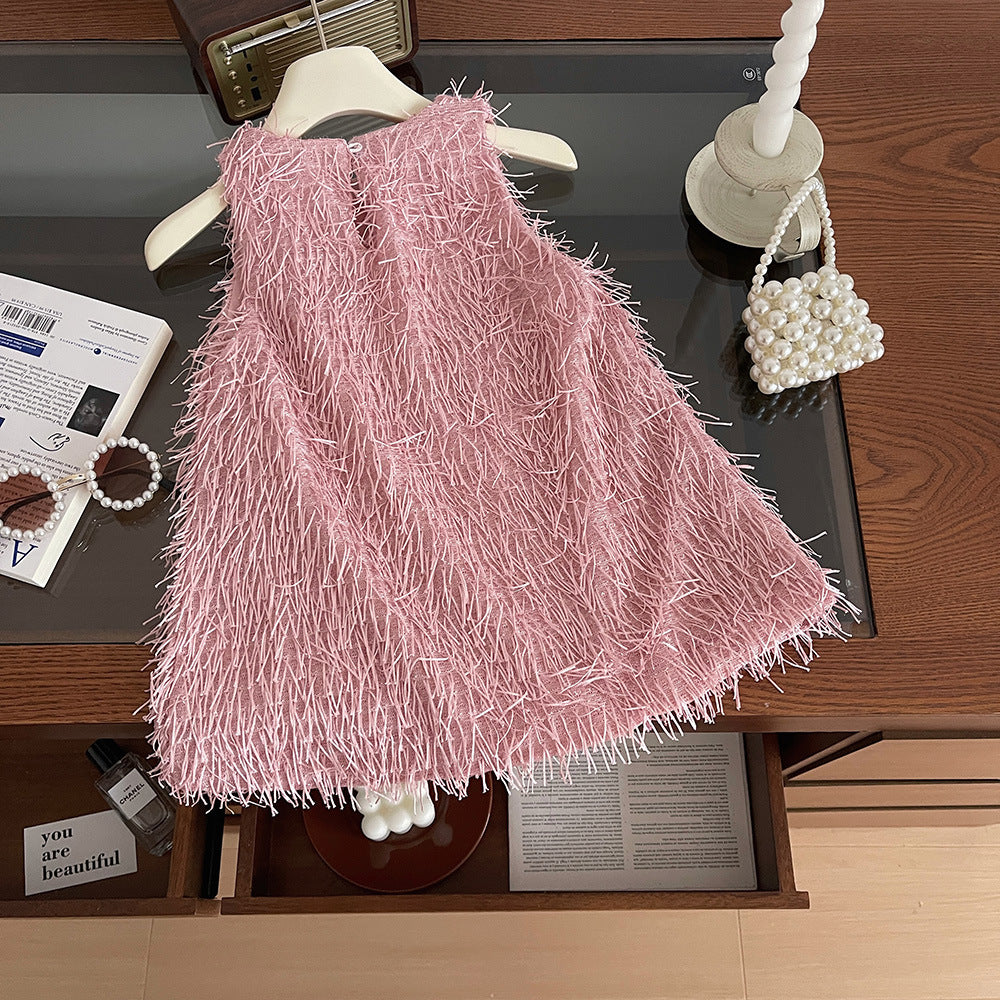 Pink Textured Fringe Halter Dress