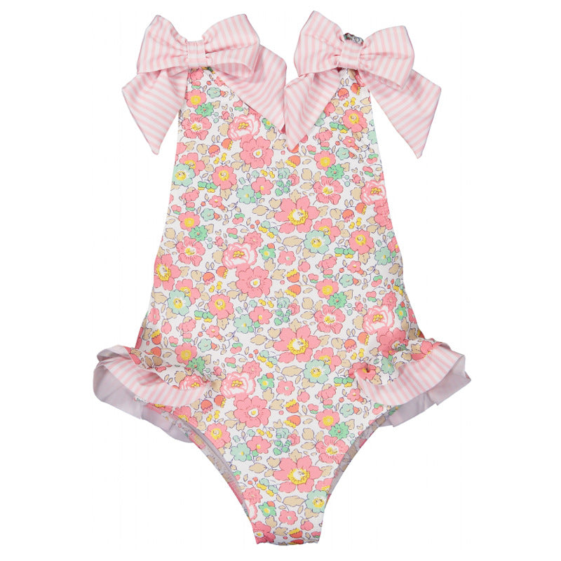 Vintage Floral Bow Swimsuit – Tie Shoulder One-Piece (Blue & Pink)