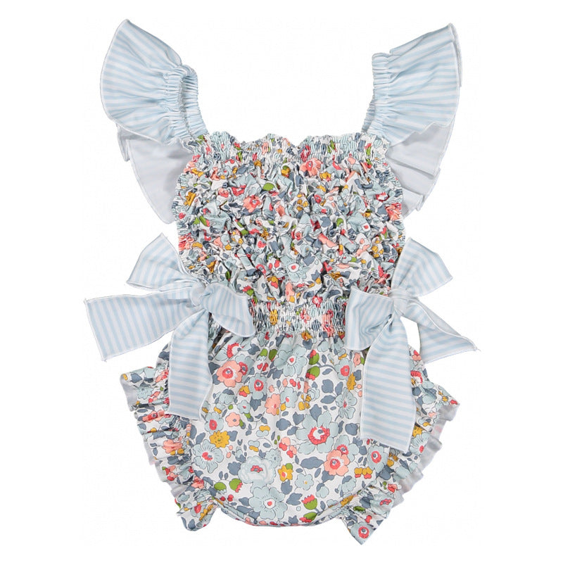 Vintage Floral Bow Swimsuit – Tie Shoulder One-Piece (Blue & Pink)