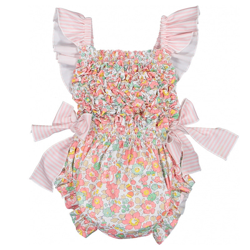 Vintage Floral Bow Swimsuit – Tie Shoulder One-Piece (Blue & Pink)