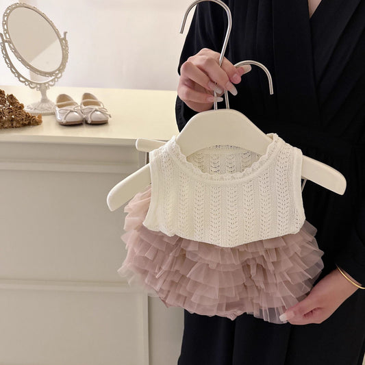 Cream Knit & Rosy Tulle Two-Piece Set