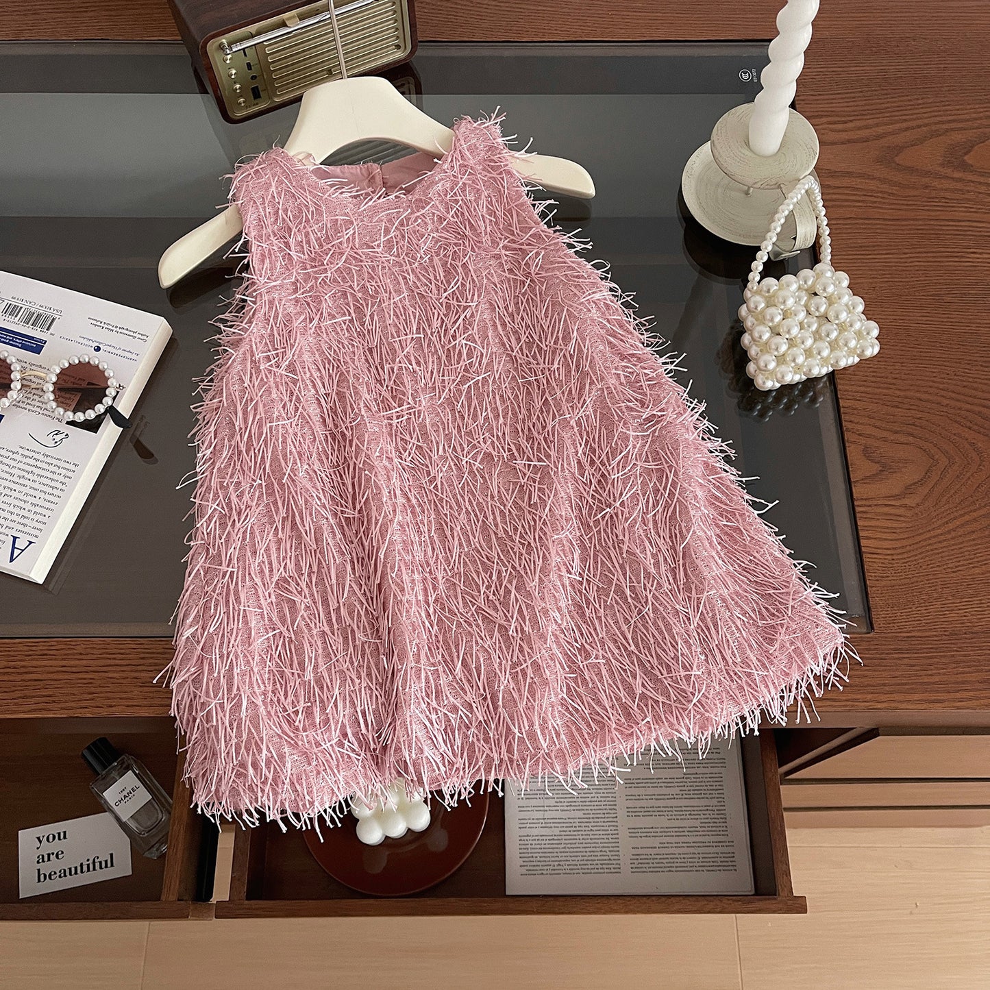 Pink Textured Fringe Halter Dress