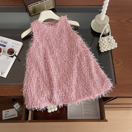Pink Textured Fringe Halter Dress