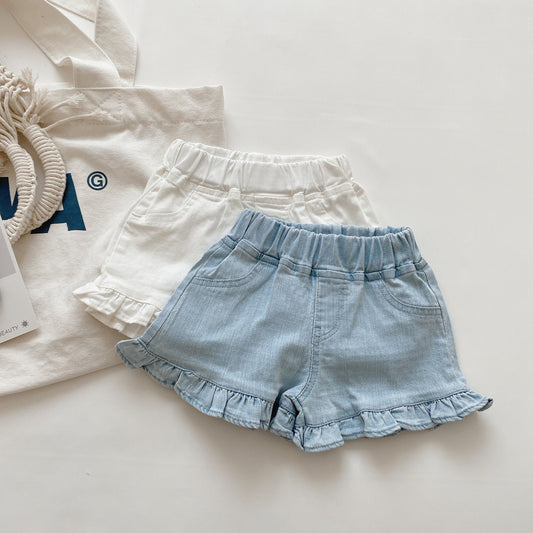 Ruffle Hem Light Wash Denim Shorts