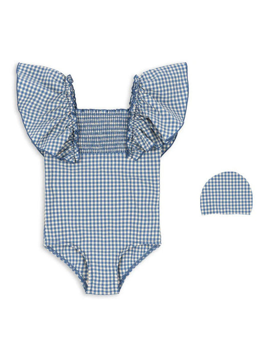 Blue Gingham Ruffle Swimsuit + Matching Swim Cap