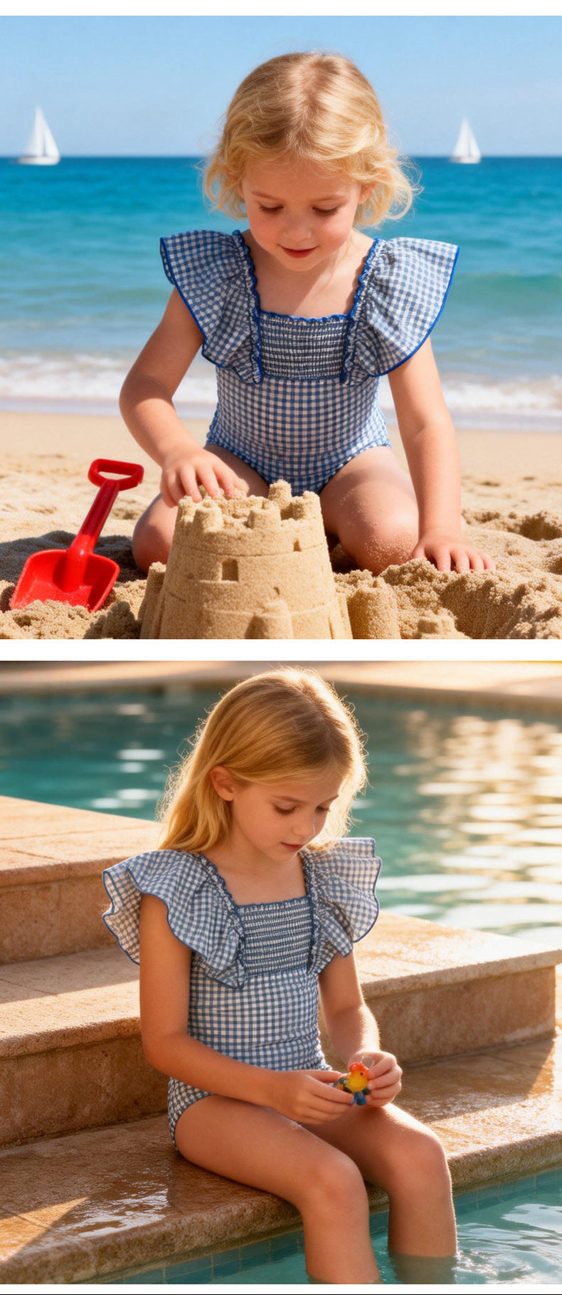 Blue Gingham Ruffle Swimsuit + Matching Swim Cap