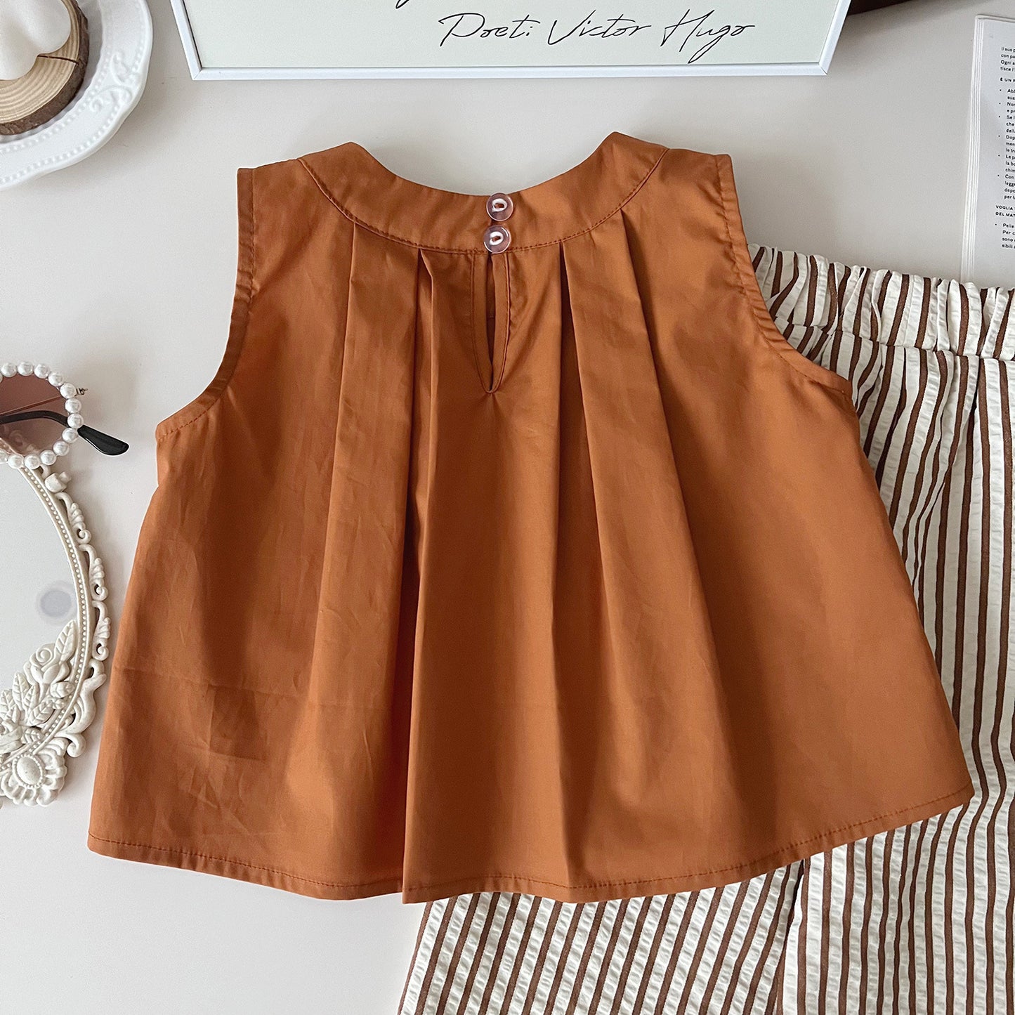 Rust Orange Pleated Top & Striped Wide-Leg Pants Set (with sunhat)