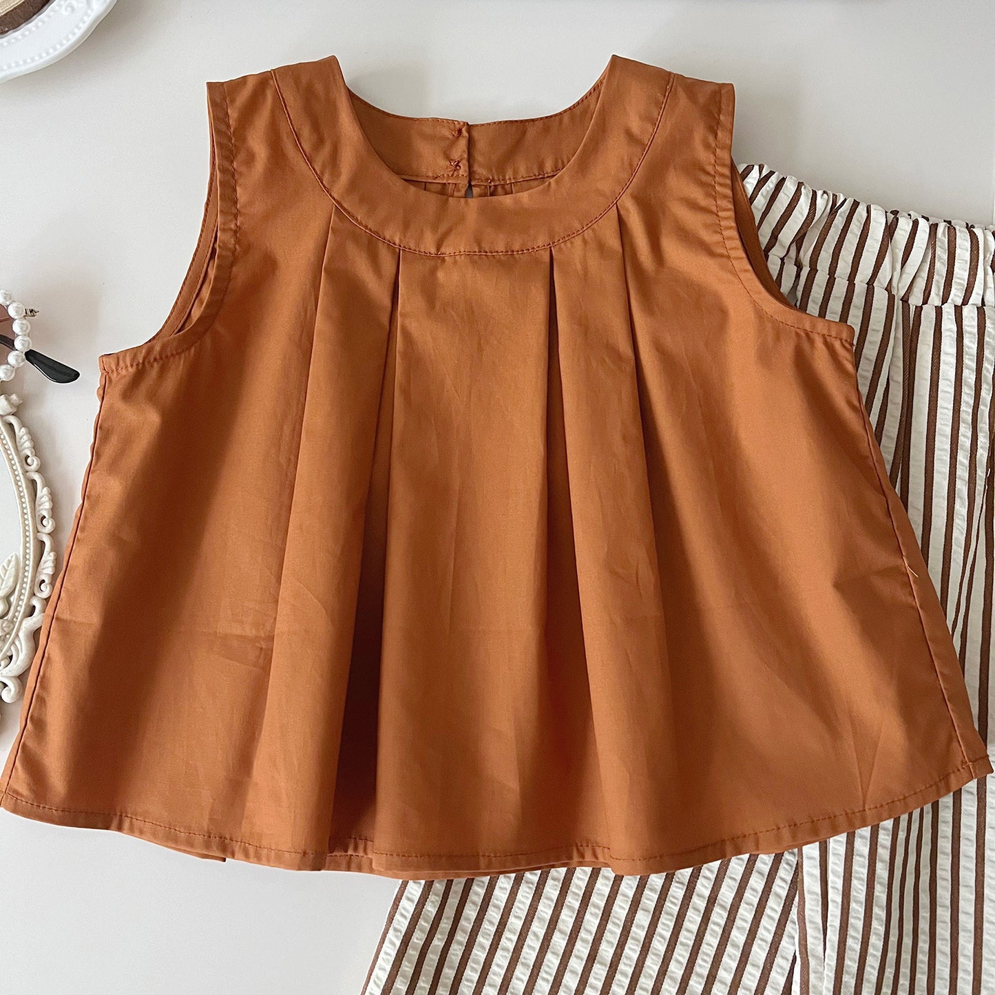Rust Orange Pleated Top & Striped Wide-Leg Pants Set (with sunhat)