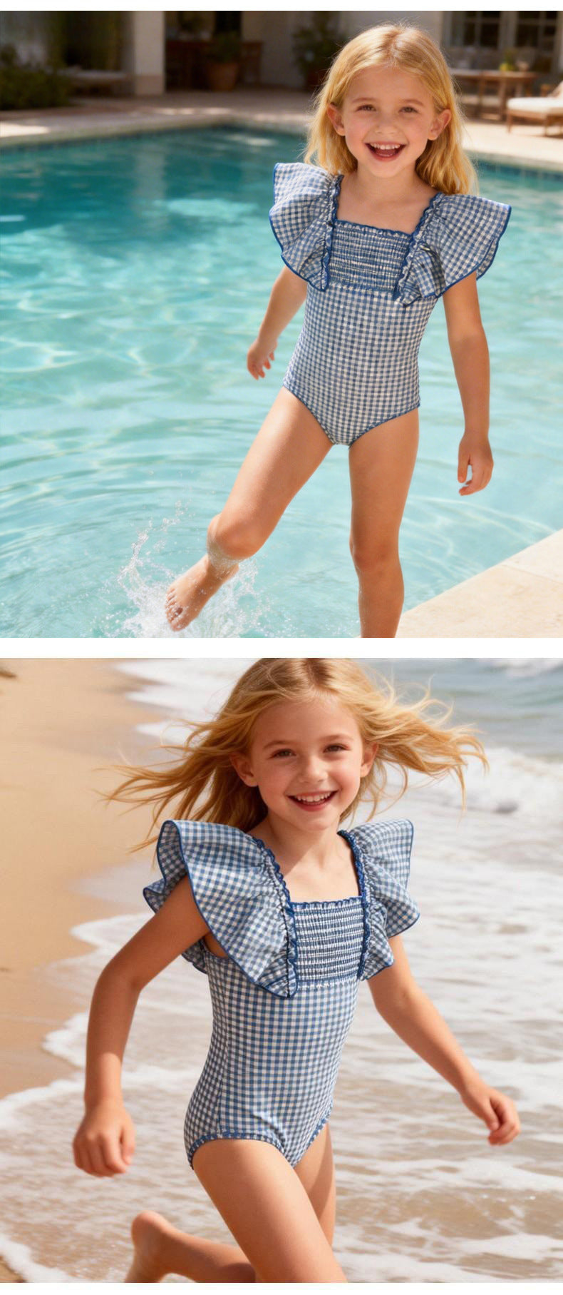 Blue Gingham Ruffle Swimsuit + Matching Swim Cap