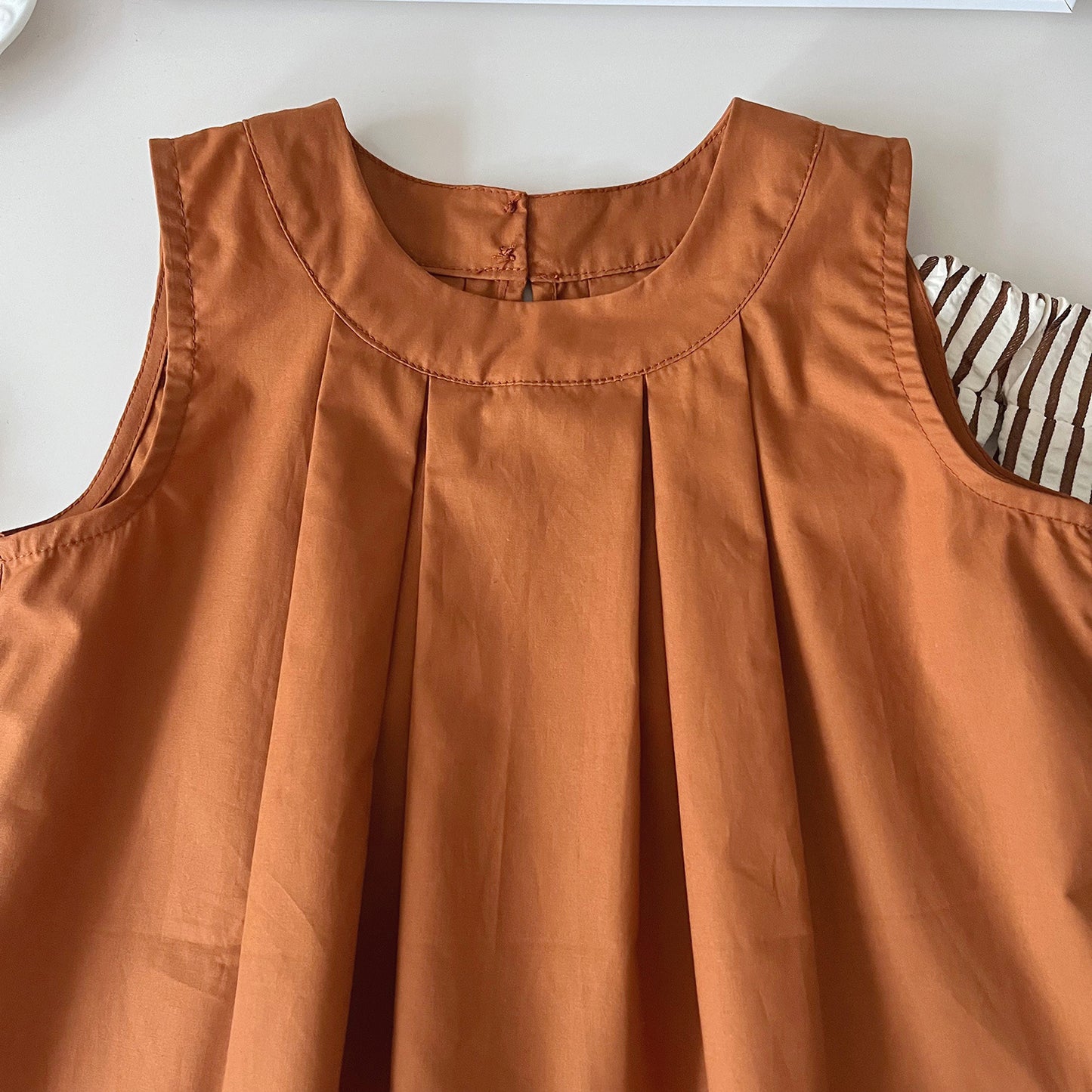 Rust Orange Pleated Top & Striped Wide-Leg Pants Set (with sunhat)