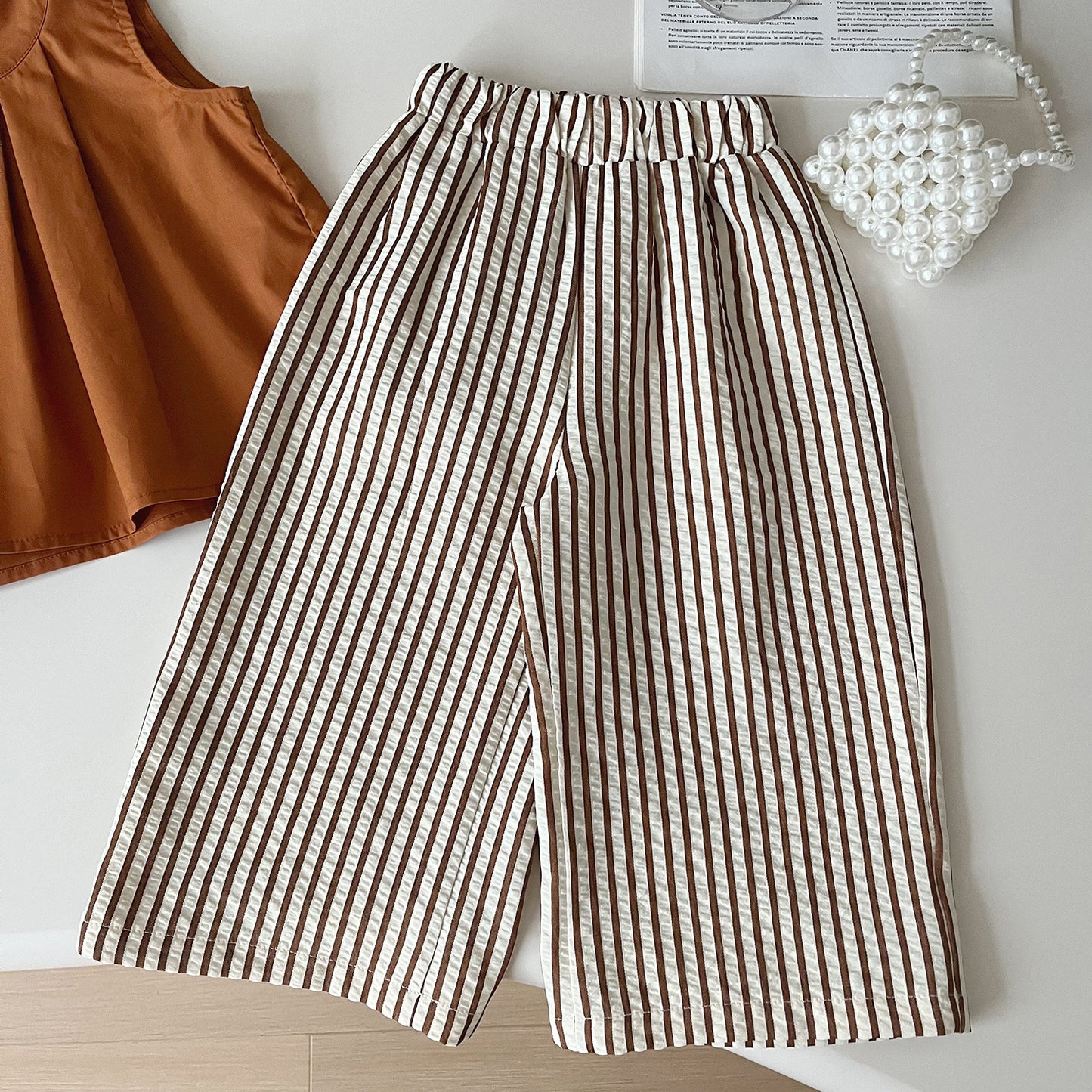 Rust Orange Pleated Top & Striped Wide-Leg Pants Set (with sunhat)