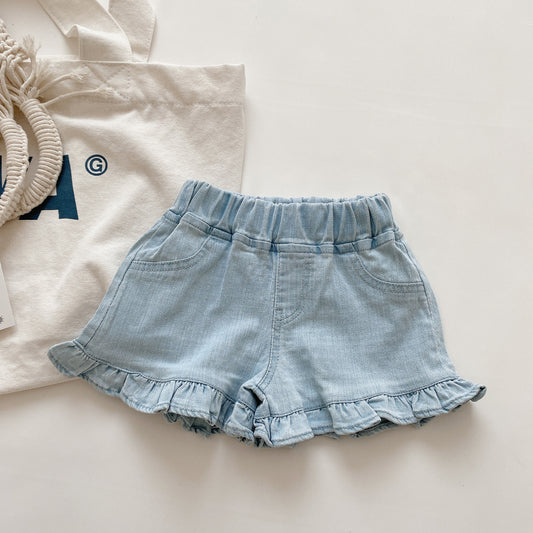 Ruffle Hem Light Wash Denim Shorts