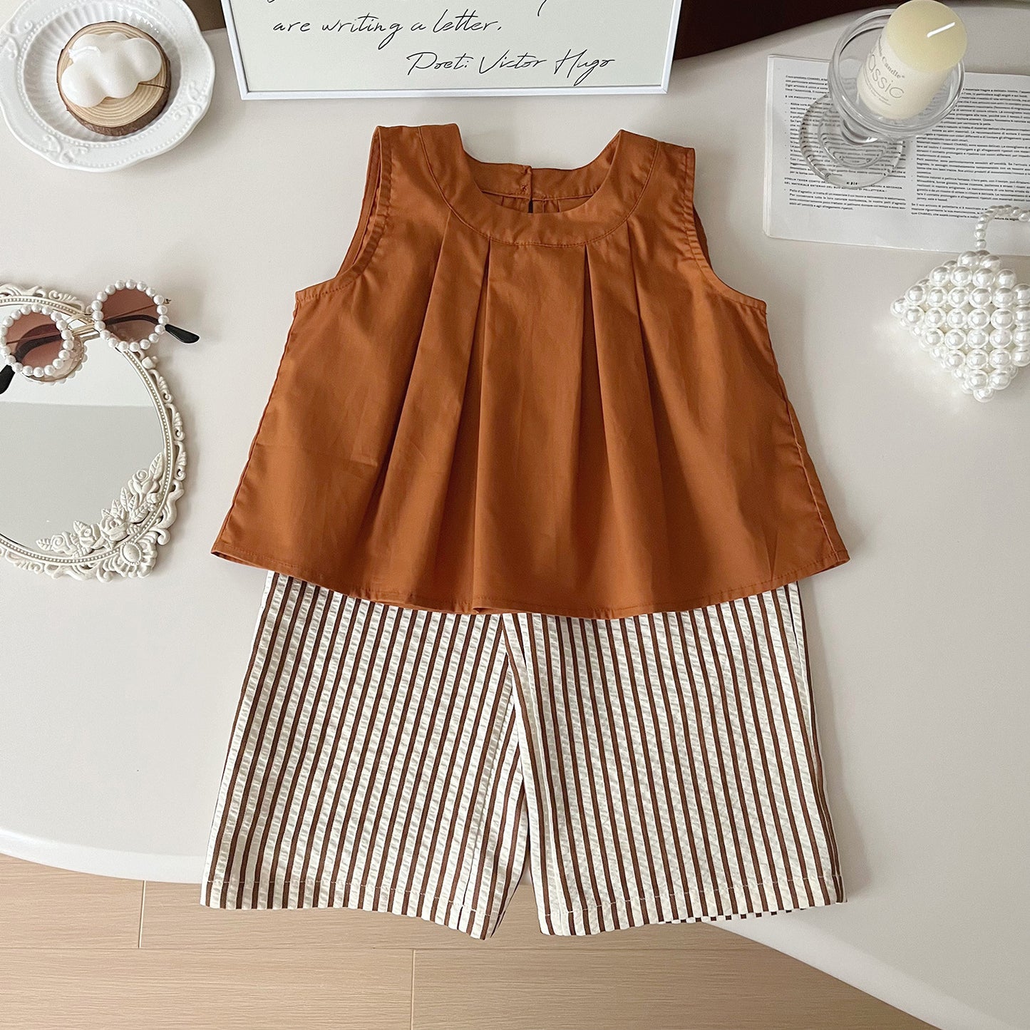 Rust Orange Pleated Top & Striped Wide-Leg Pants Set (with sunhat)