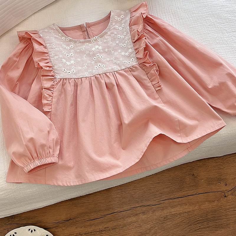 Pink Floral Lace Ruffle Blouse