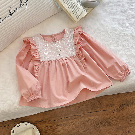 Pink Floral Lace Ruffle Blouse