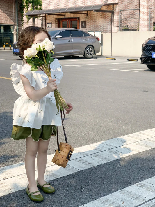 Ruffle-Back Peplum Blouse + Olive Green Cotton Shorts Set