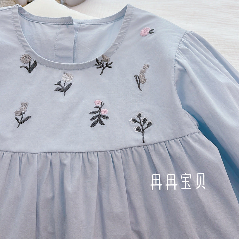 Sky Blue Floral Embroidered Tiered Blouse