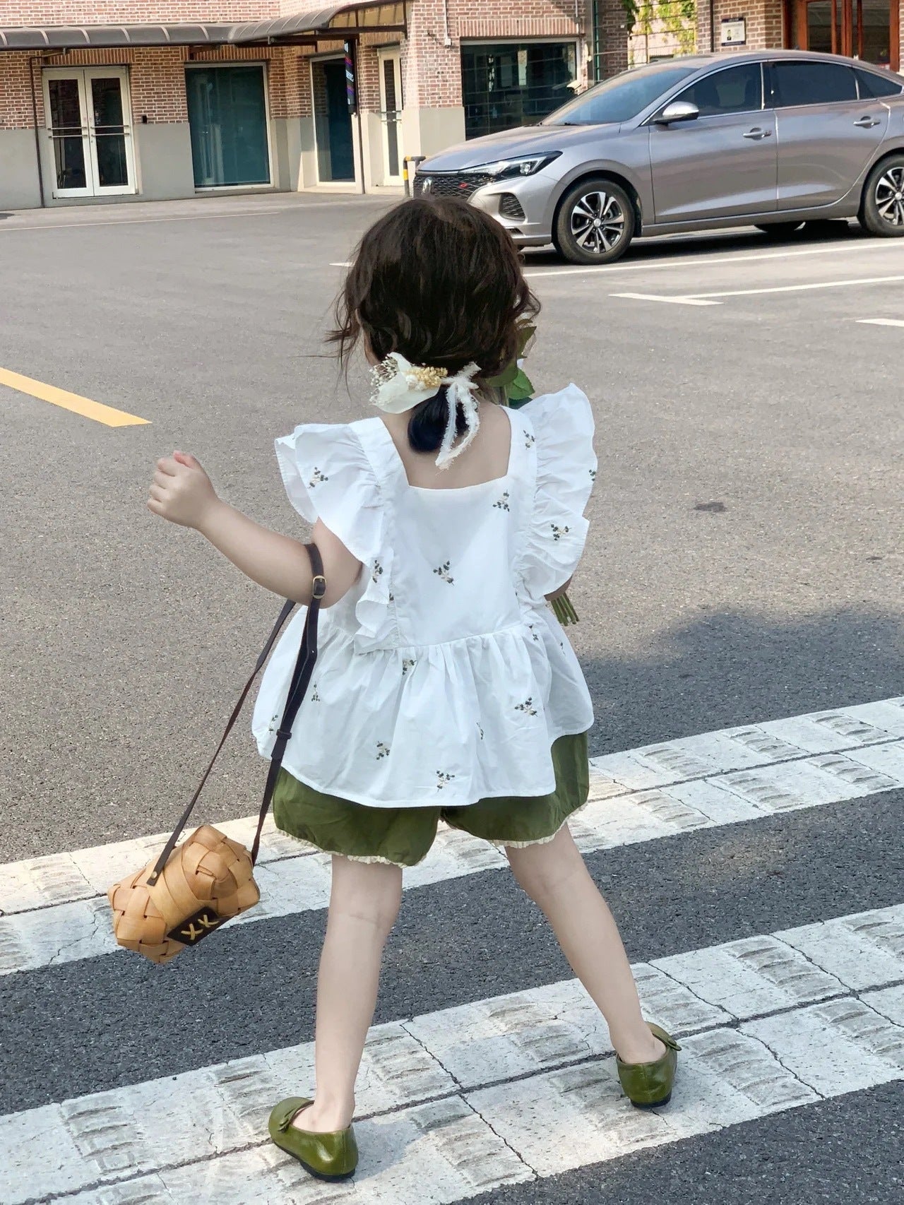 Ruffle-Back Peplum Blouse + Olive Green Cotton Shorts Set