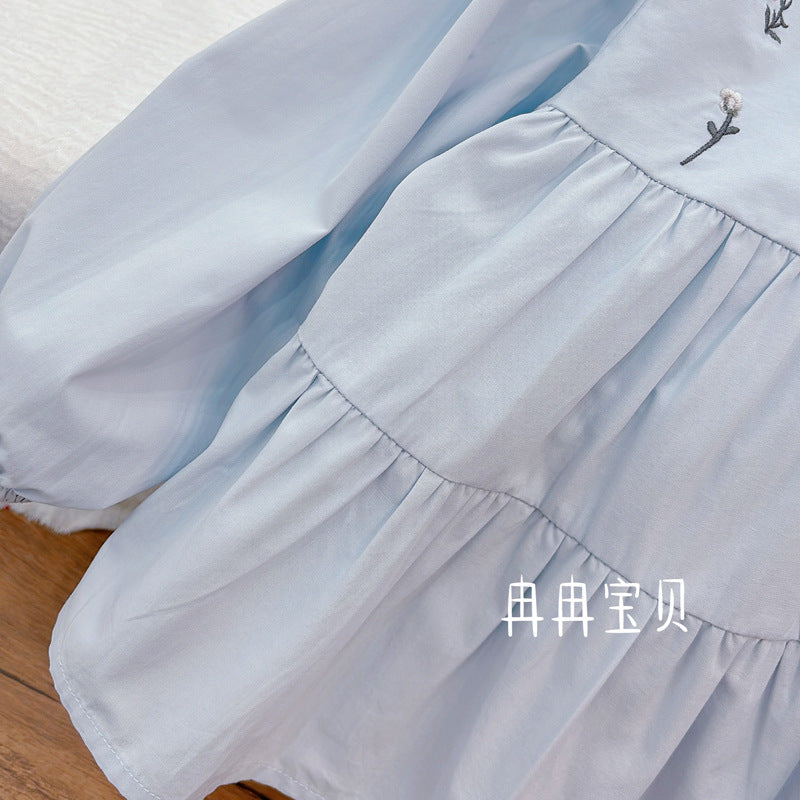Sky Blue Floral Embroidered Tiered Blouse