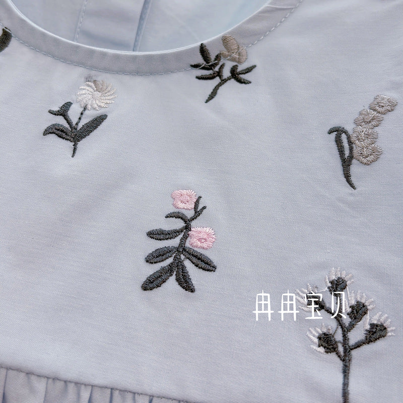 Sky Blue Floral Embroidered Tiered Blouse